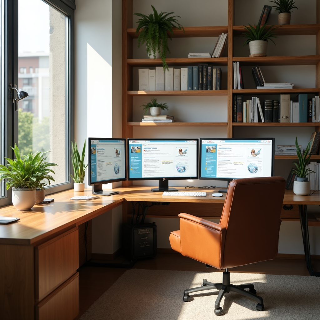 Profesjonalne home office z dwoma monitorami i dobrym oświetleniem, zorganizowane stanowisko pracy