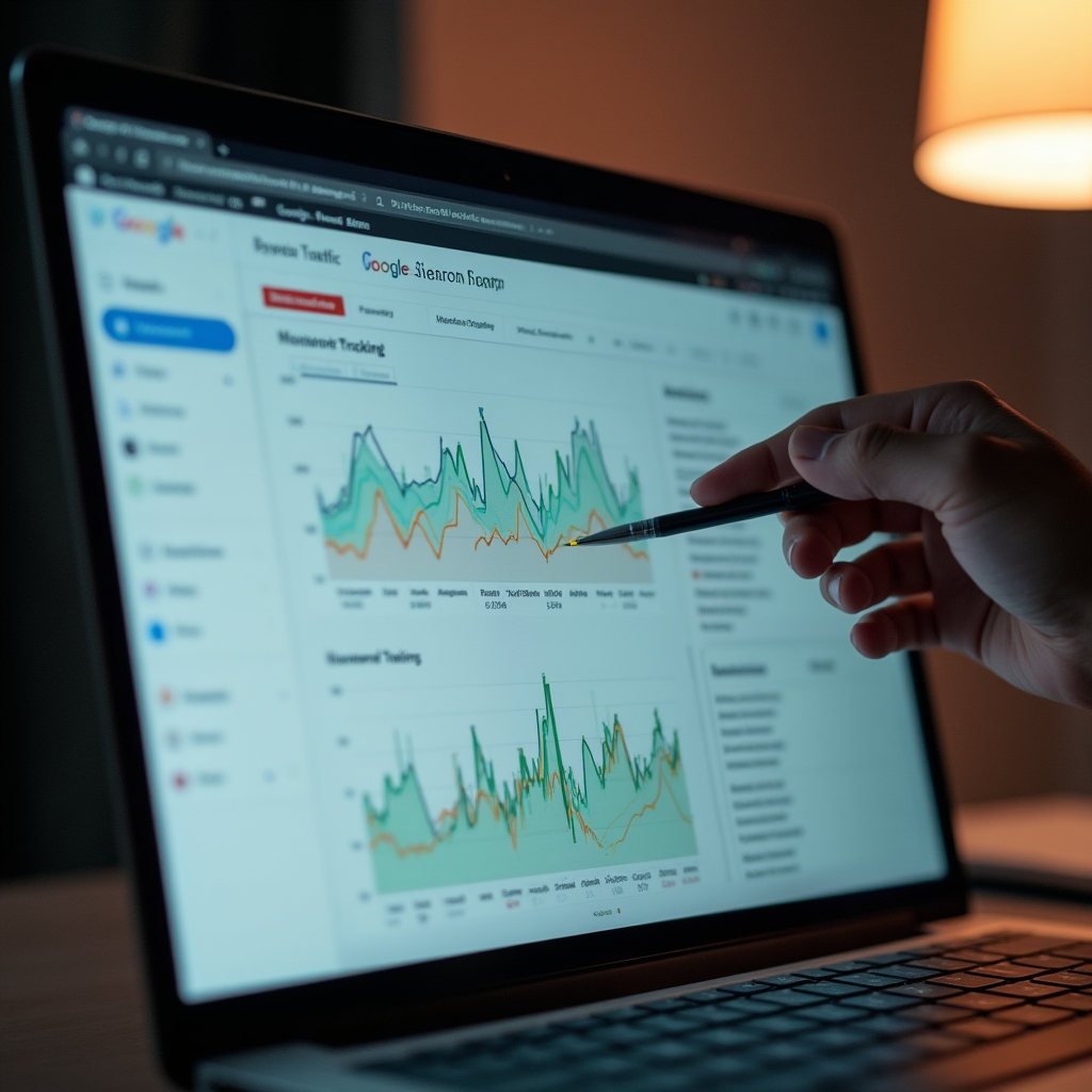 Ekran laptopa z widocznym panelem Google Search Console i wykresami ruchu organicznego